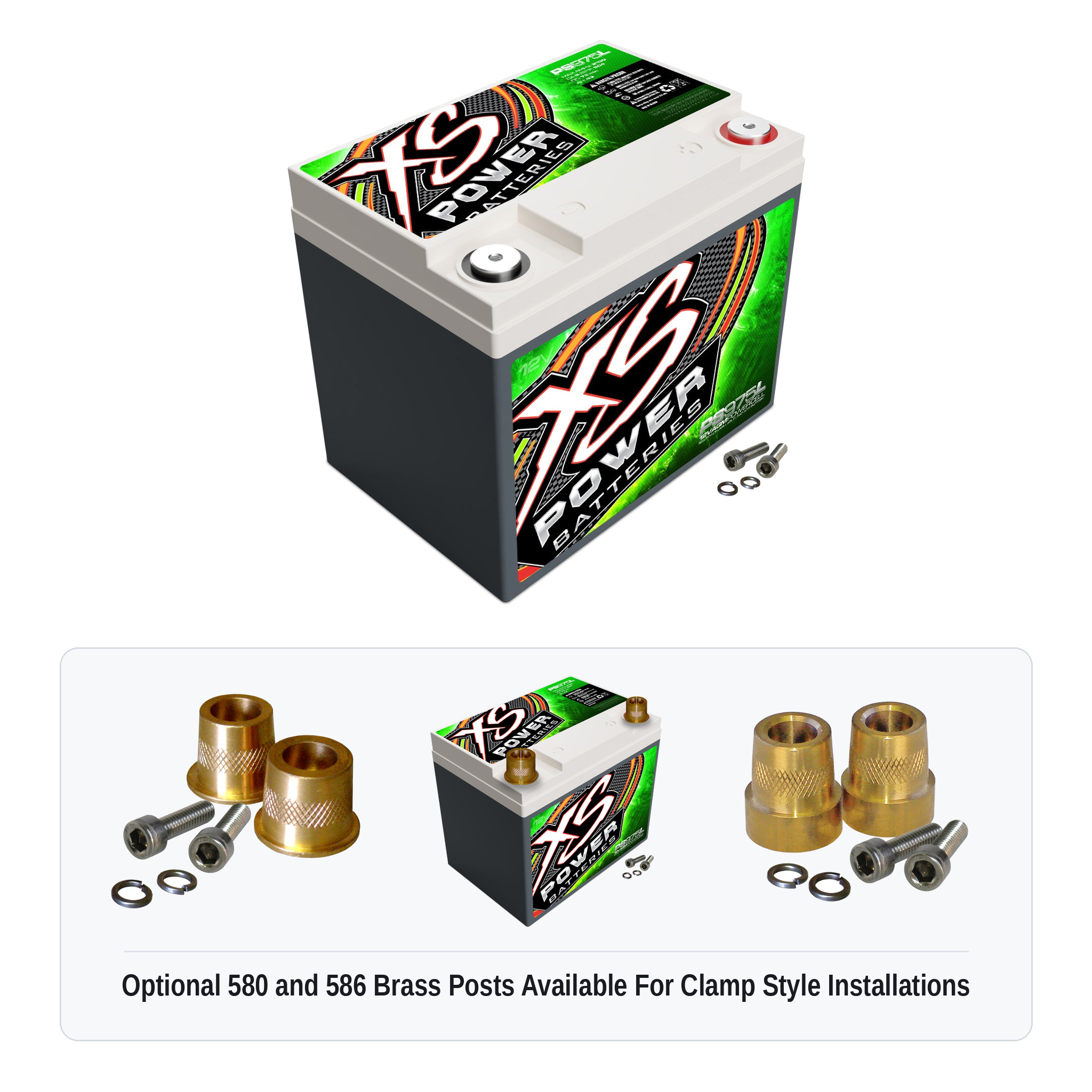 XS Power PS975L 12V AGM powersports battery with optional 580 and 586 brass post adaptors for clamp style installations