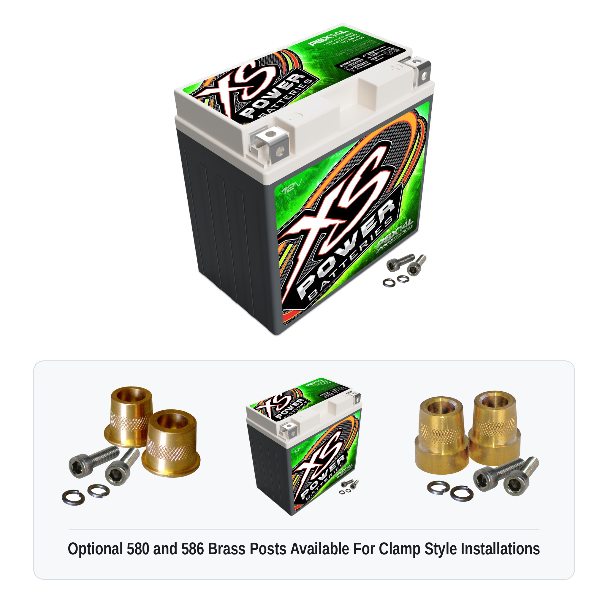 XS Power PSX14L Group 14L 12V AGM powersports battery with optional 580 and 586 brass post adaptors for clamp style installations