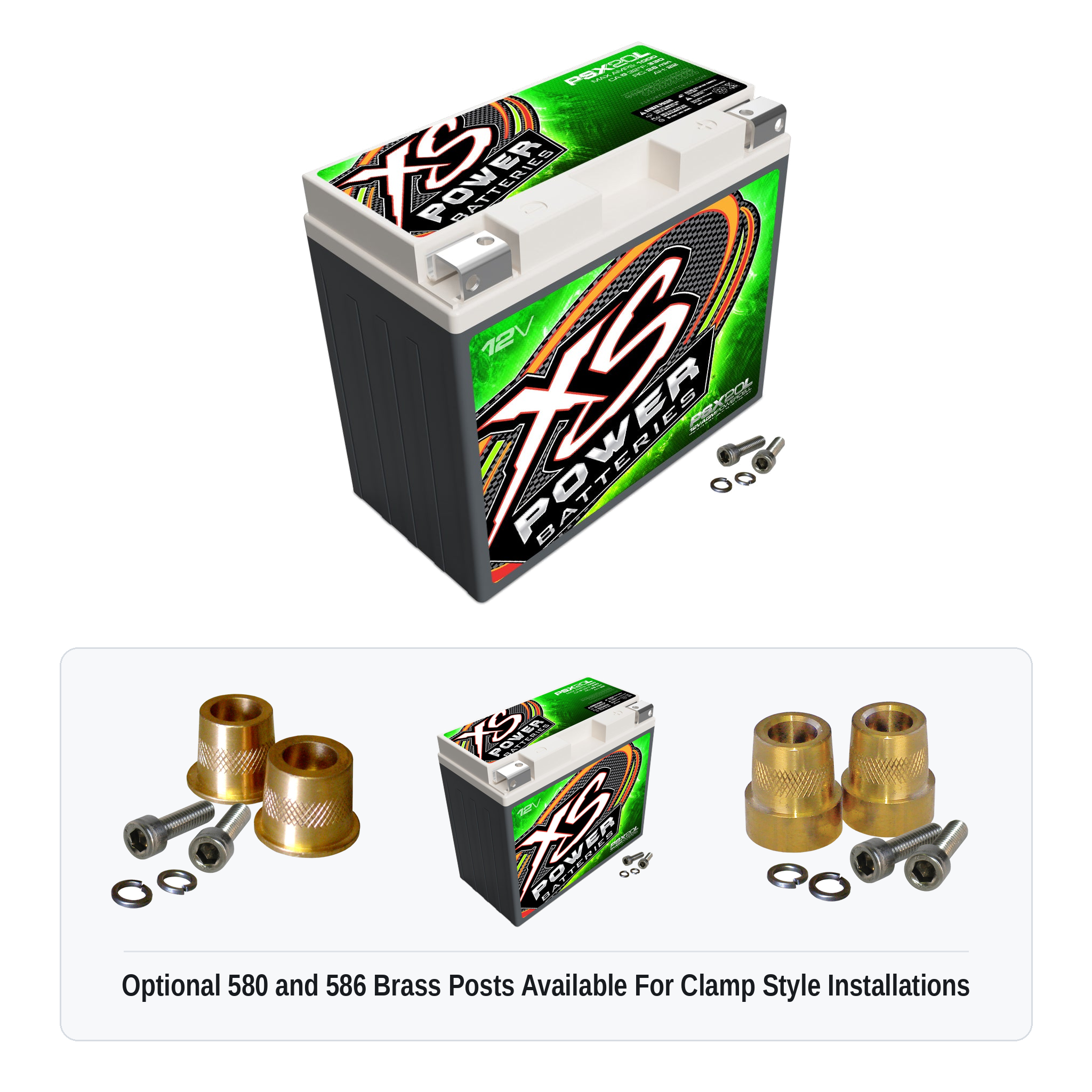 XS Power PSX20L Group 20L 12V AGM powersports battery with optional 580 and 586 brass post adaptors for clamp style installations
