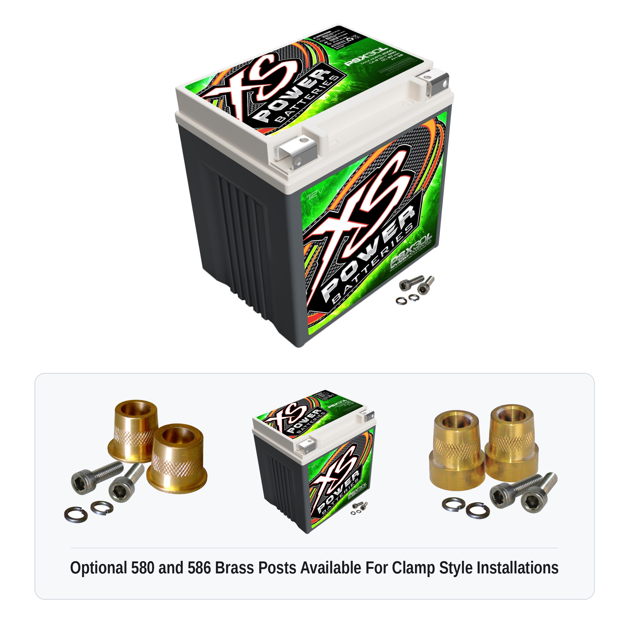 XS Power PSX30L Group 30L 12V AGM powersports battery with optional 580 and 586 brass post adaptors for clamp style installations