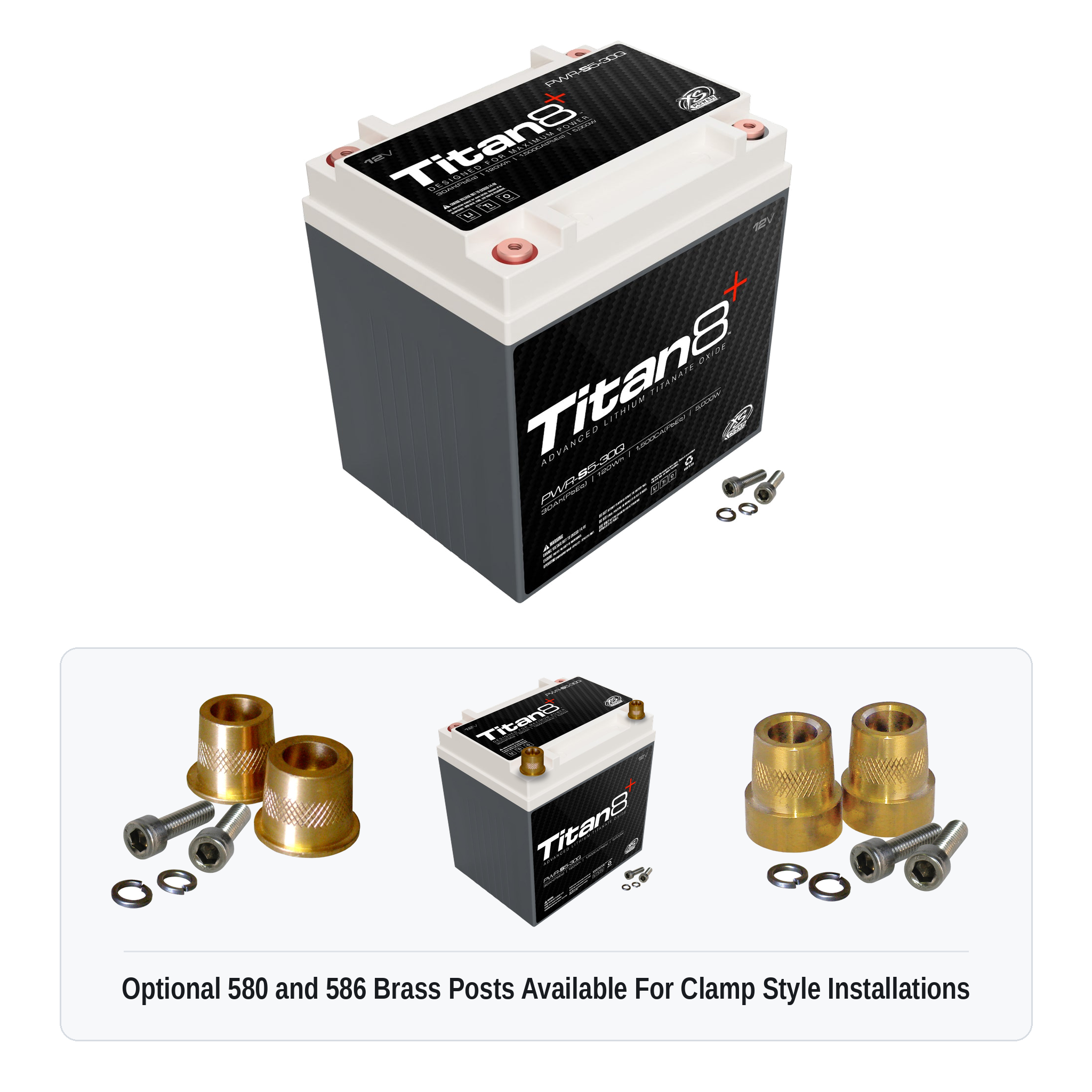 XS Power PWR-S5-30Q Titan8 battery with optional 580 and 586 brass post adaptors for clamp style installations
