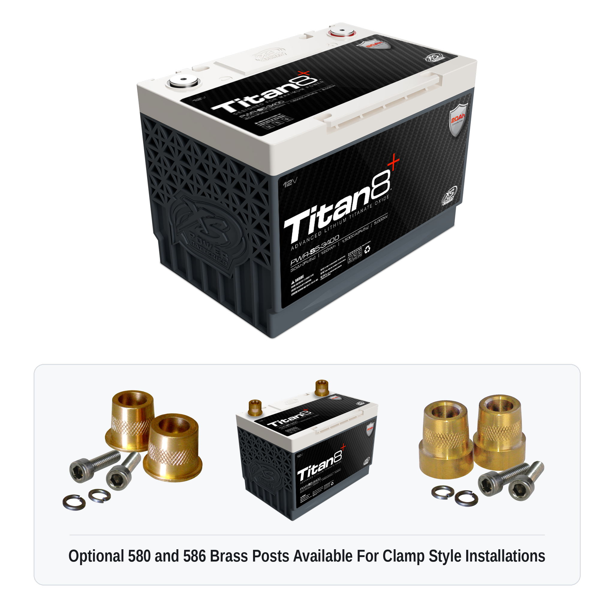 XS Power PWR-S5-3400 Titan8 battery with optional 580 and 586 brass post adaptors for clamp style installations