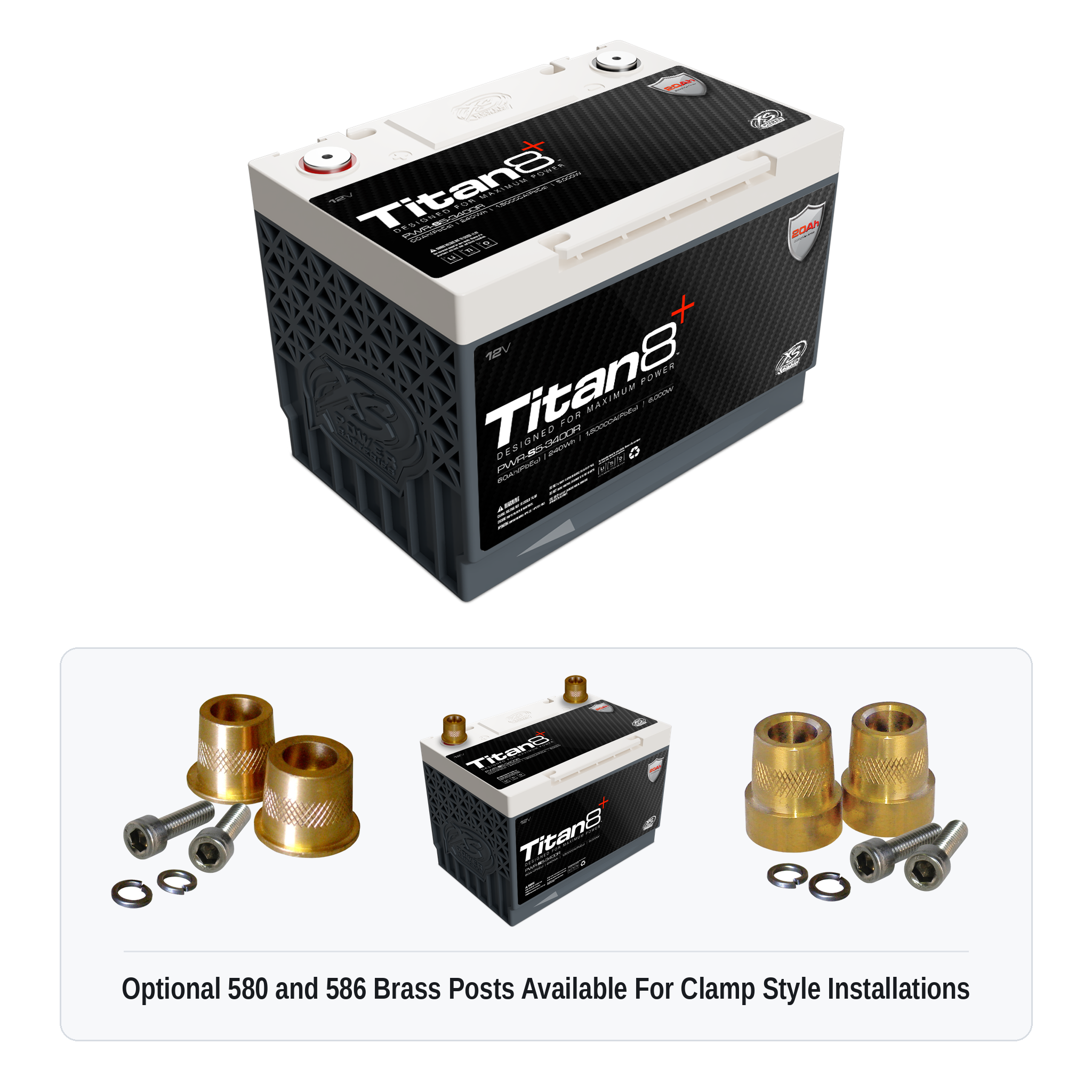 XS Power PWR-S5-3400R Titan8 battery with optional 580 and 586 brass post adaptors for clamp style installations
