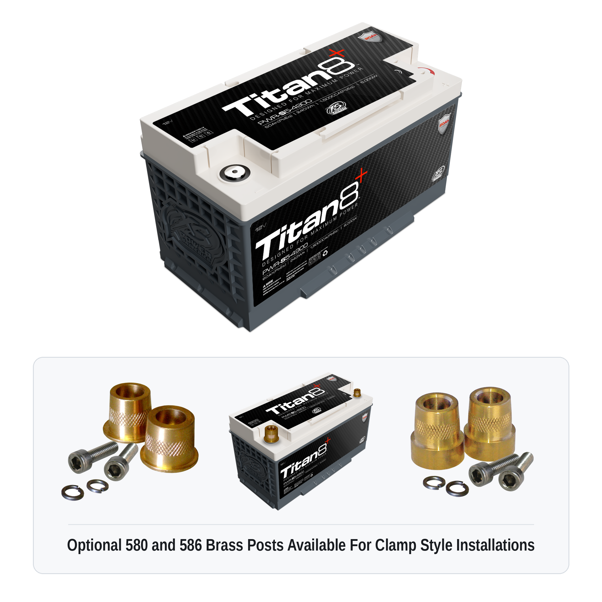 XS Power PWR-S5-4900 Titan8 battery with optional 580 and 586 brass post adaptors for clamp style installations