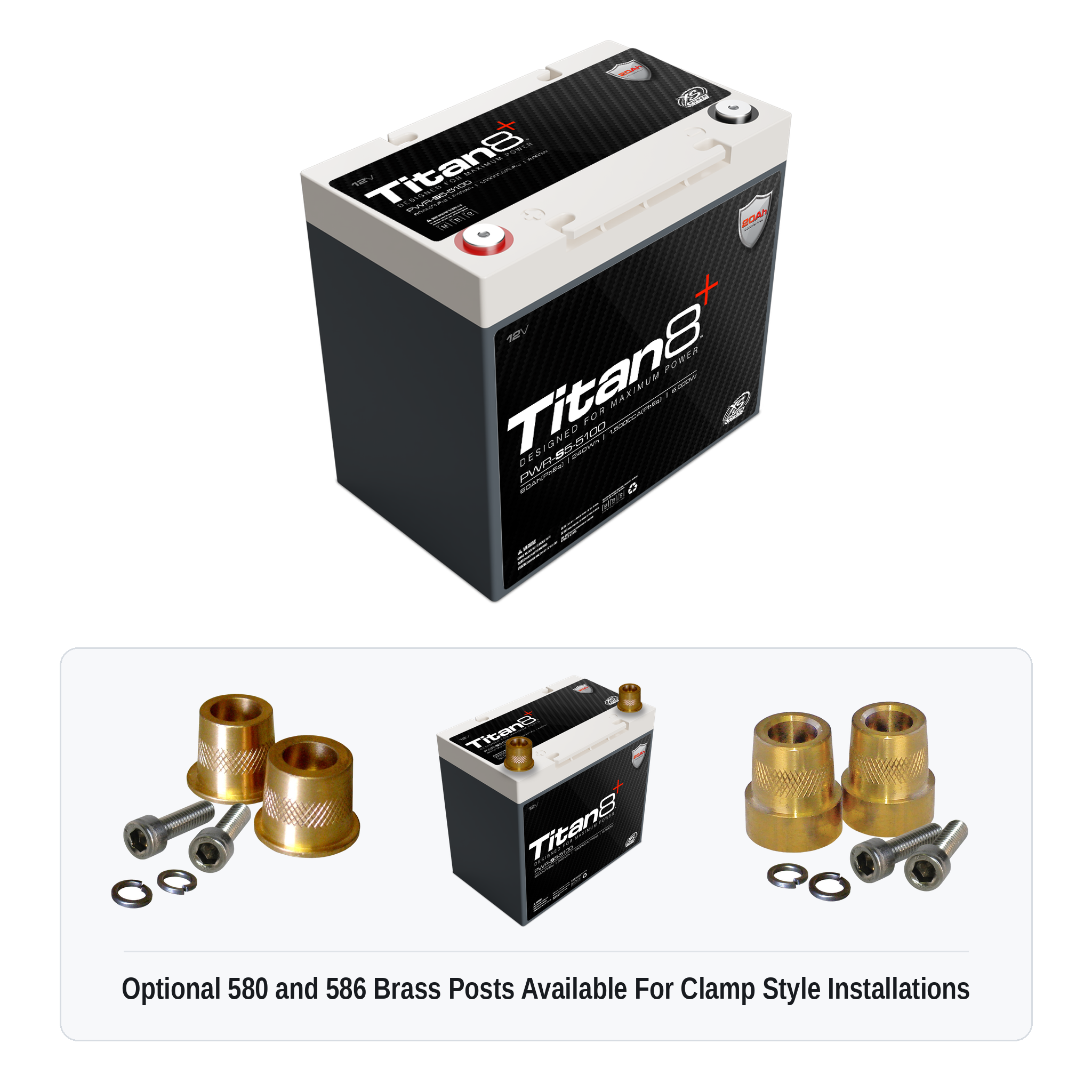 XS Power PWR-S5-5100 Titan8 battery with optional 580 and 586 brass post adaptors for clamp style installations