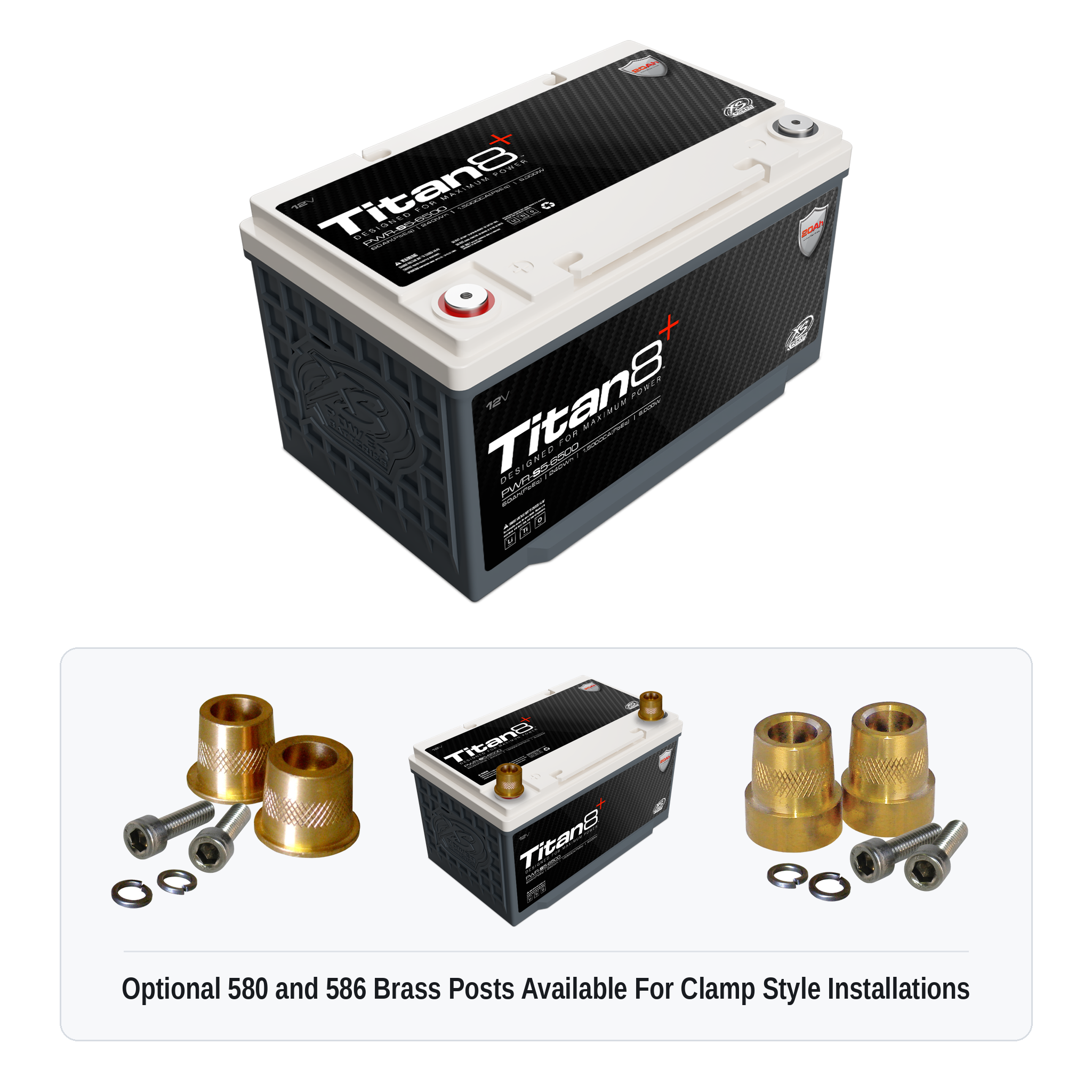 XS Power PWR-S5-6500 Titan8 battery with optional 580 and 586 brass post adaptors for clamp style installations