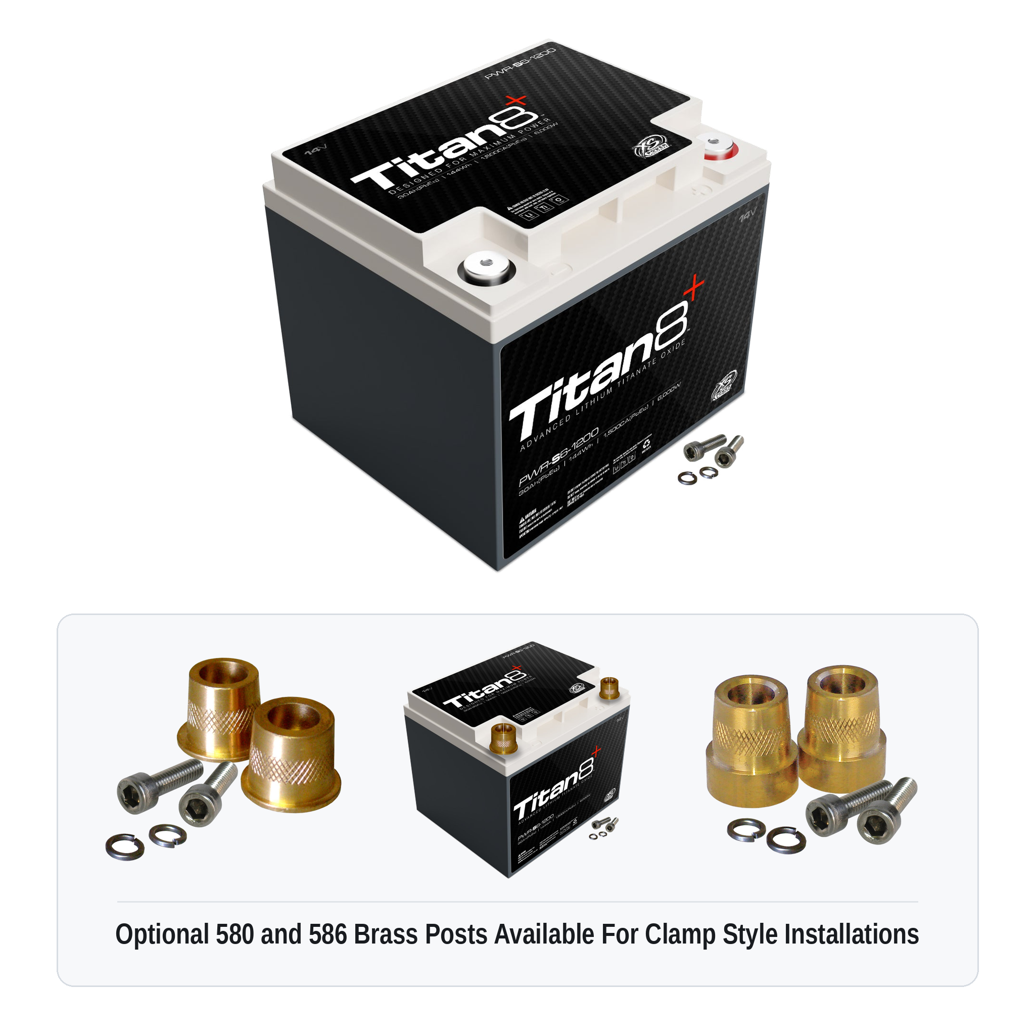 XS Power PWR-S6-1200 Titan8 lithium battery with optional 580 and 586 brass post adaptors for clamp style installations