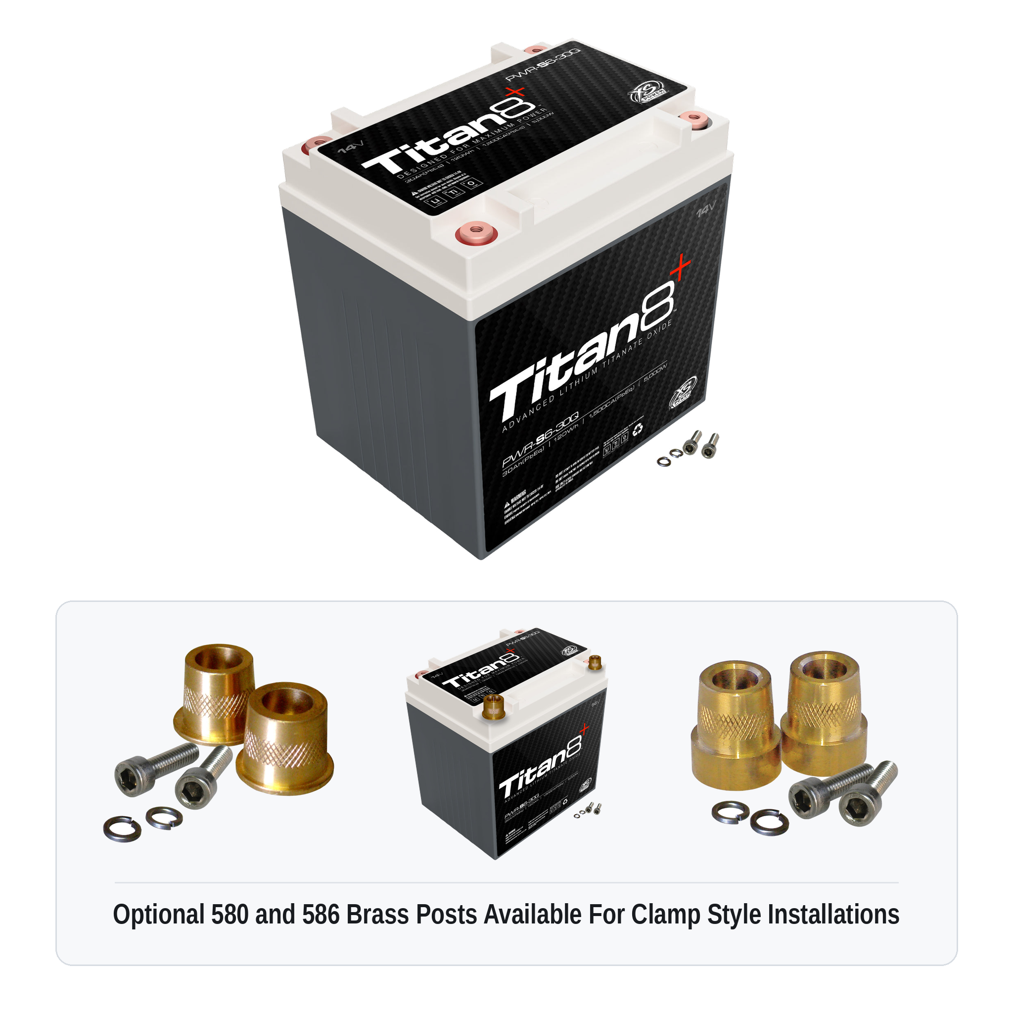 XS Power PWR-S6-30Q Titan8 lithium battery with optional 580 and 586 brass post adaptors for clamp style installations