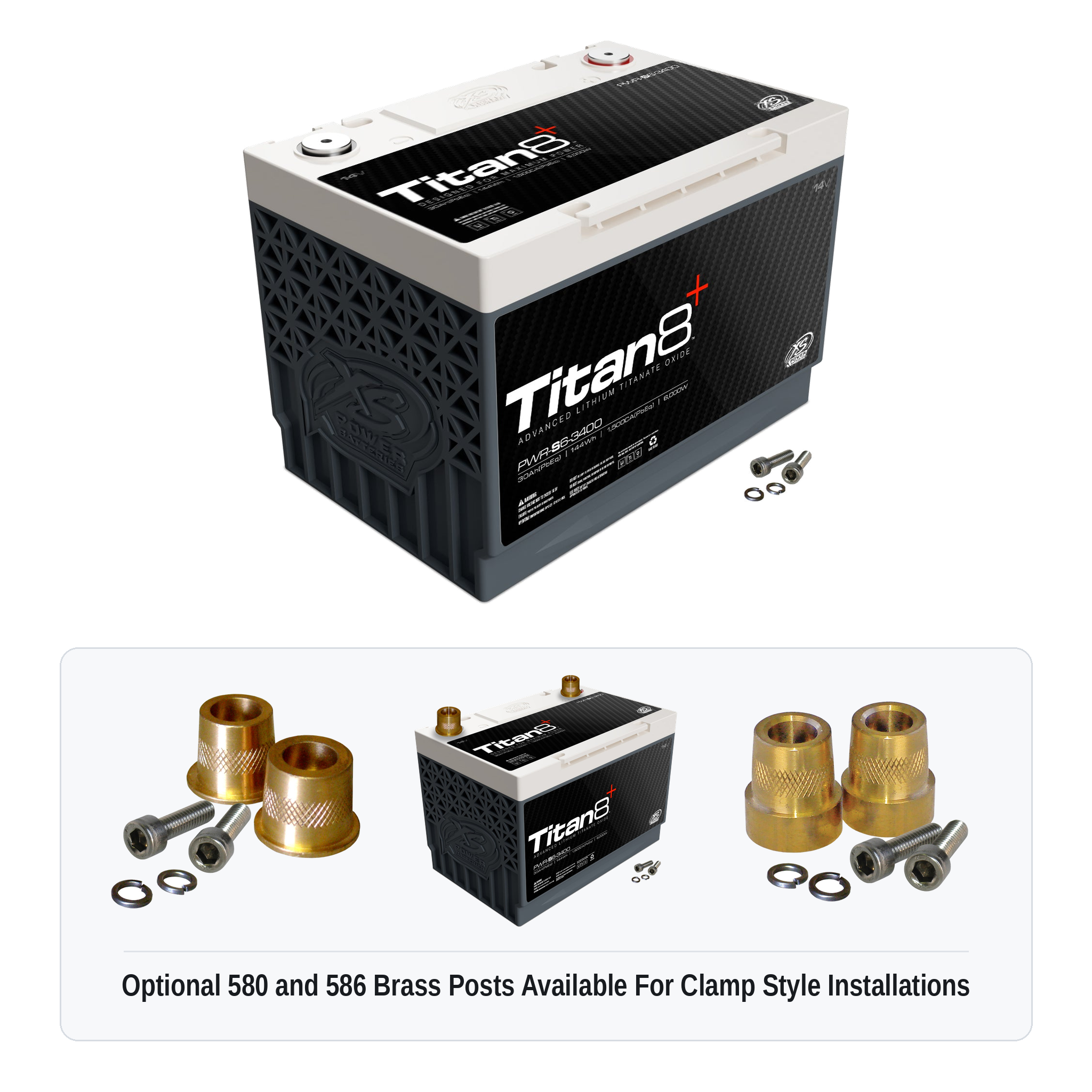 XS Power PWR-S6-3400 Titan8 lithium battery with optional 580 and 586 brass post adaptors for clamp style installations