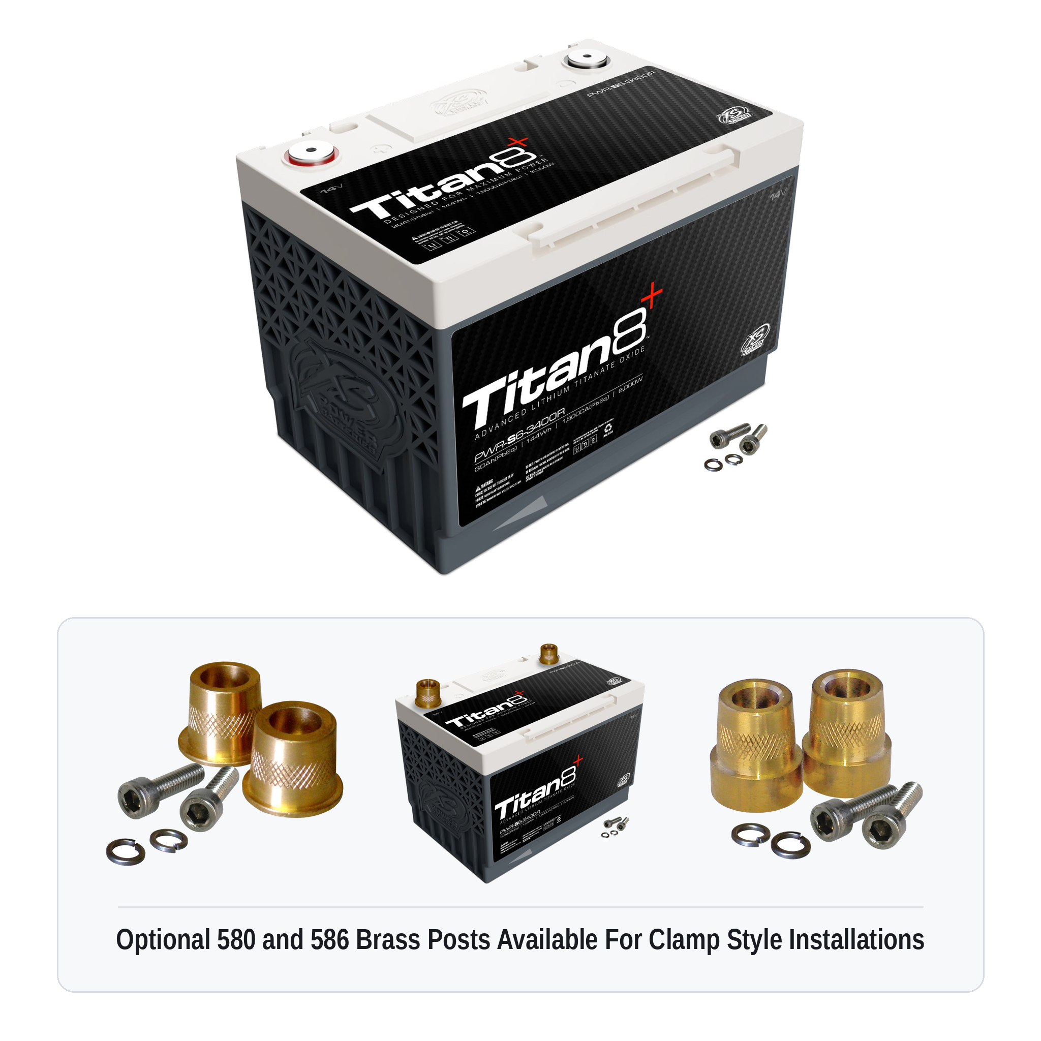 XS Power PWR-S6-3400R Titan8 lithium battery with optional 580 and 586 brass post adaptors for clamp style installations