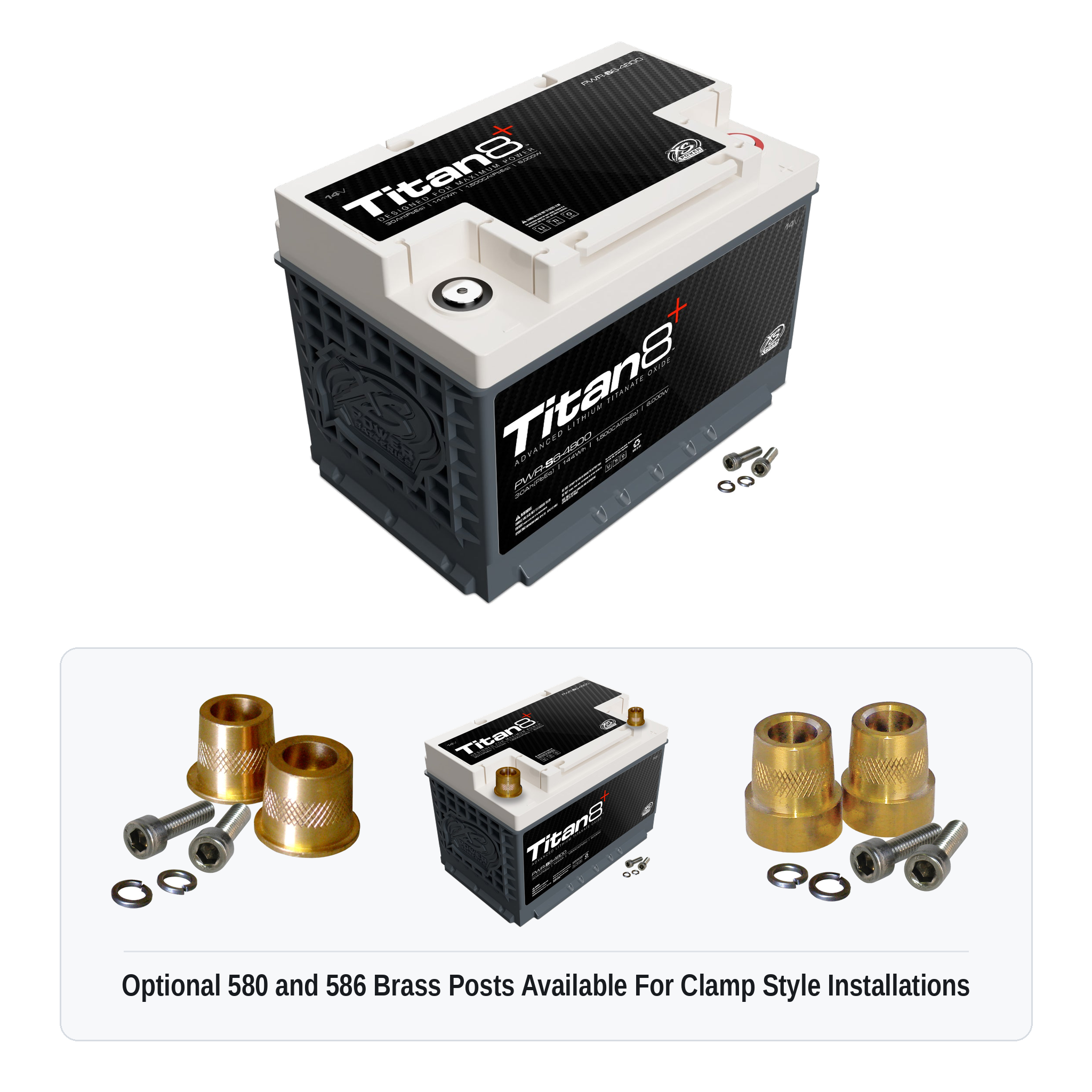 XS Power PWR-S6-4800 Titan8 lithium battery with optional 580 and 586 brass post adaptors for clamp style installations