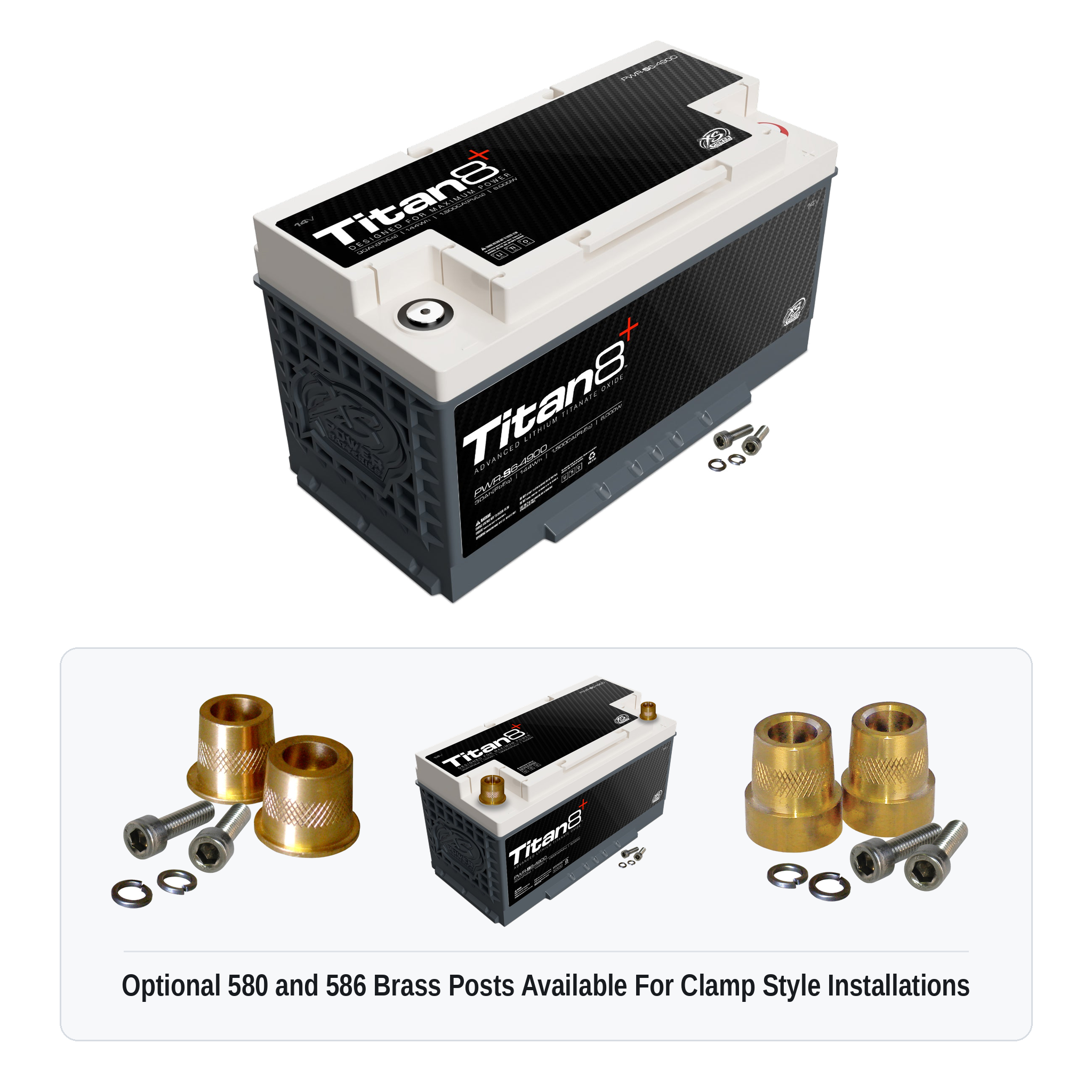 XS Power PWR-S6-4900 Titan8 lithium battery with optional 580 and 586 brass post adaptors for clamp style installations