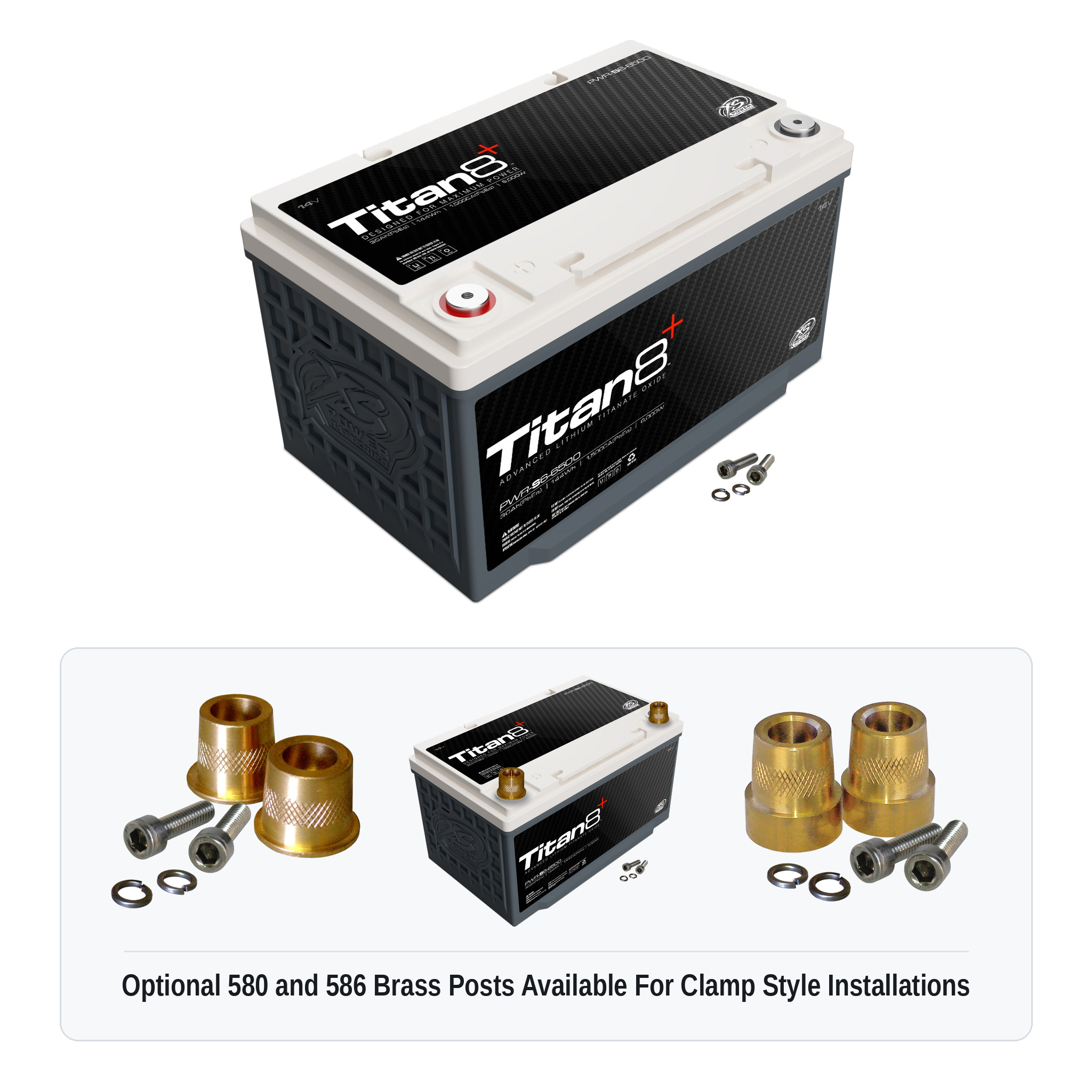 XS Power PWR-S6-6500 Titan8 lithium battery with optional 580 and 586 brass post adaptors for clamp style installations