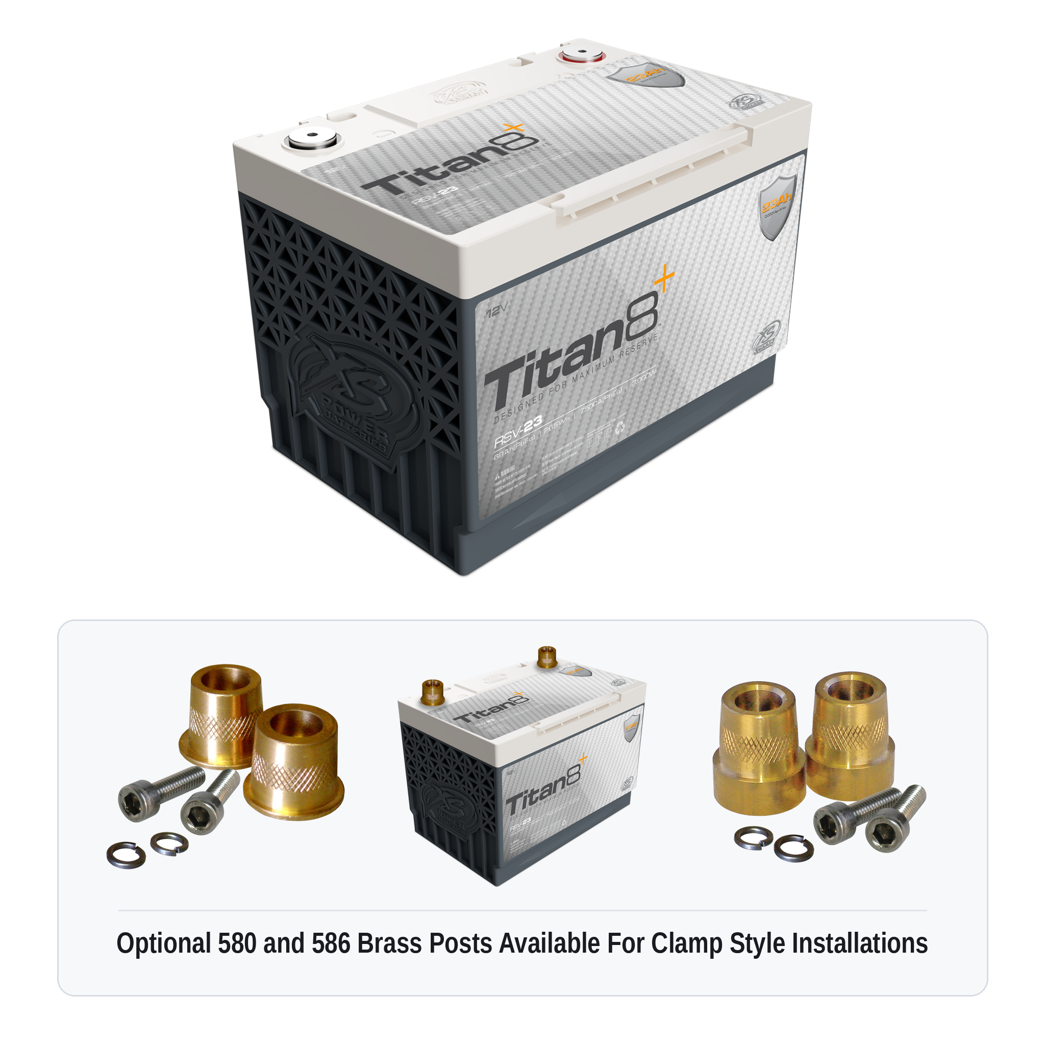 XS Power RSV-23 Titan8 lithium reserve battery with optional 580 and 586 brass post adaptors for clamp style installations