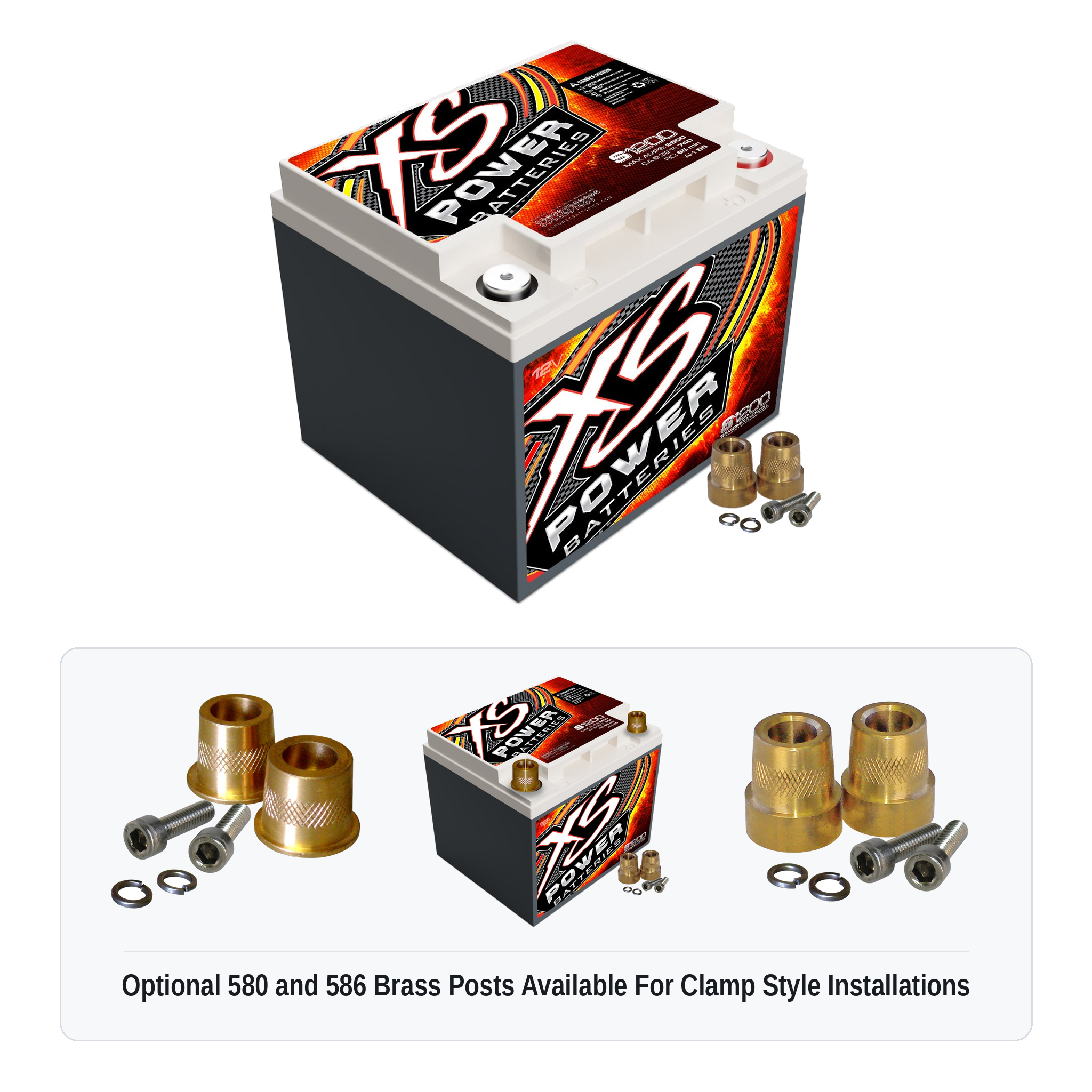 XS Power S1200 12V AGM racing battery with optional 580 and 586 brass post adaptors for clamp style installations
