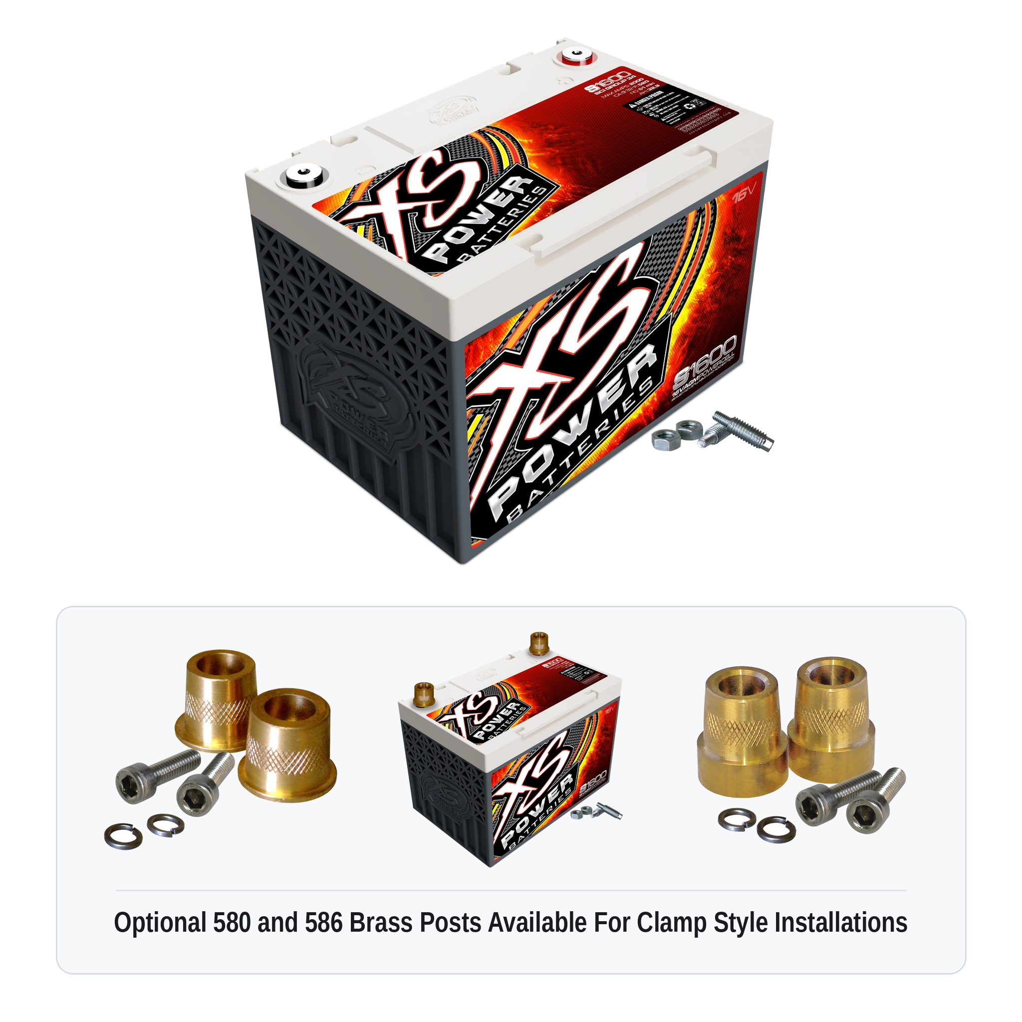 XS Power S1600 16V AGM racing battery with optional 580 and 586 brass post adaptors for clamp style installations