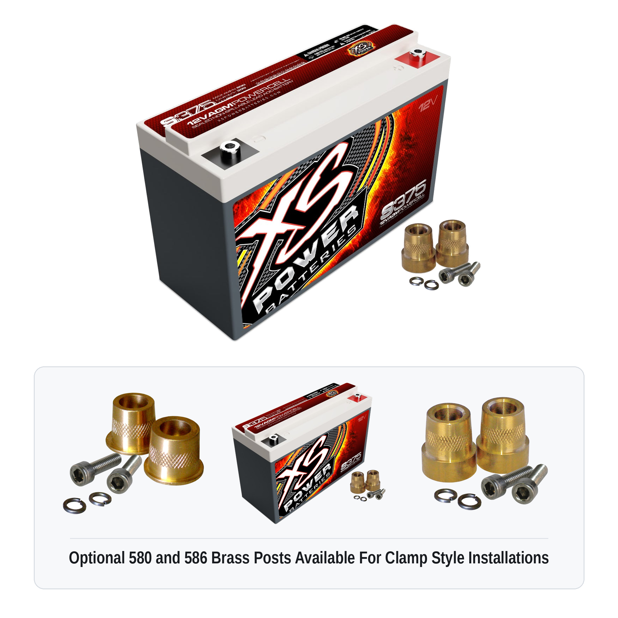 XS Power S375 12V AGM racing battery with optional 580 and 586 brass post adaptors for clamp style installations