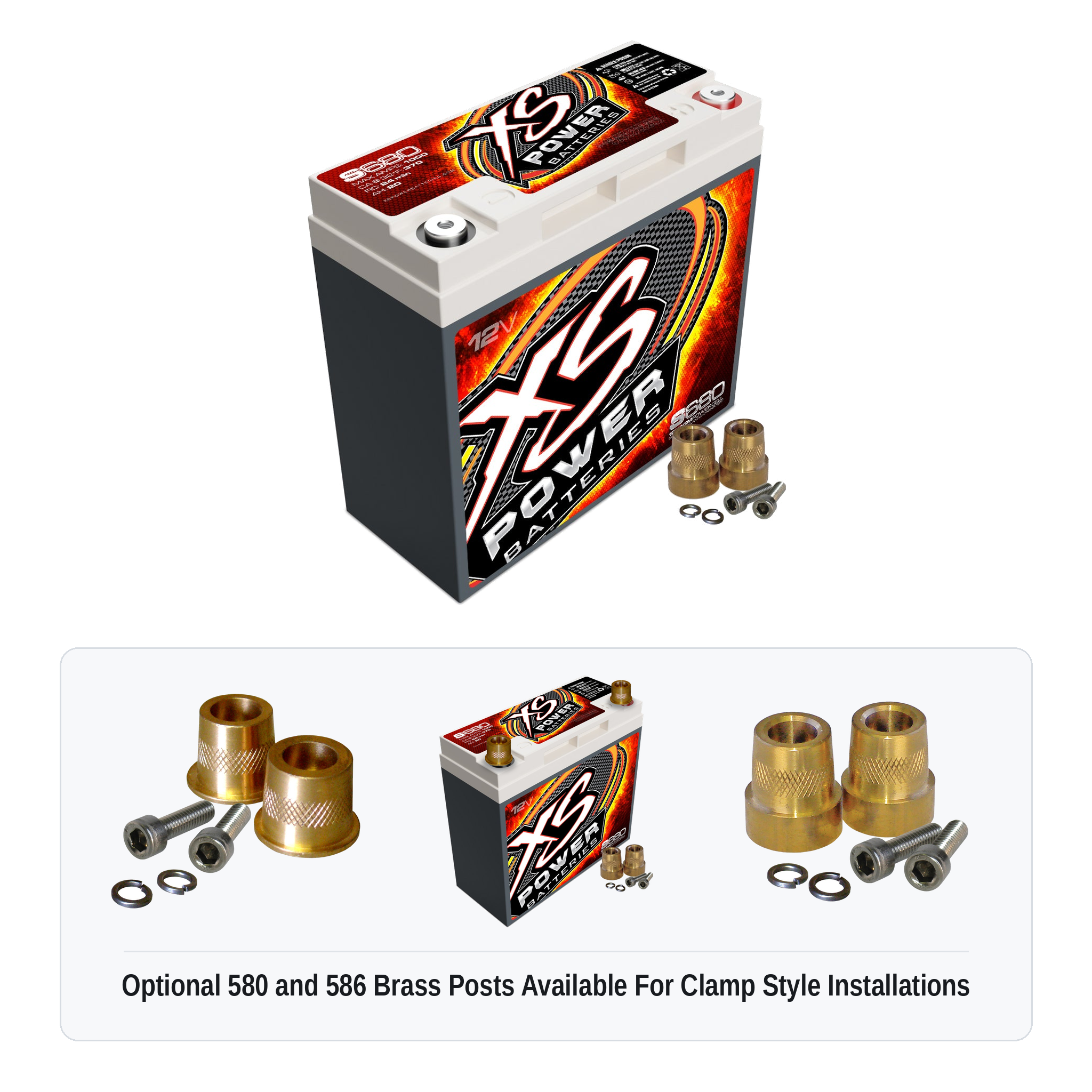 XS Power S680 12V AGM racing battery with optional 580 and 586 brass post adaptors for clamp style installations