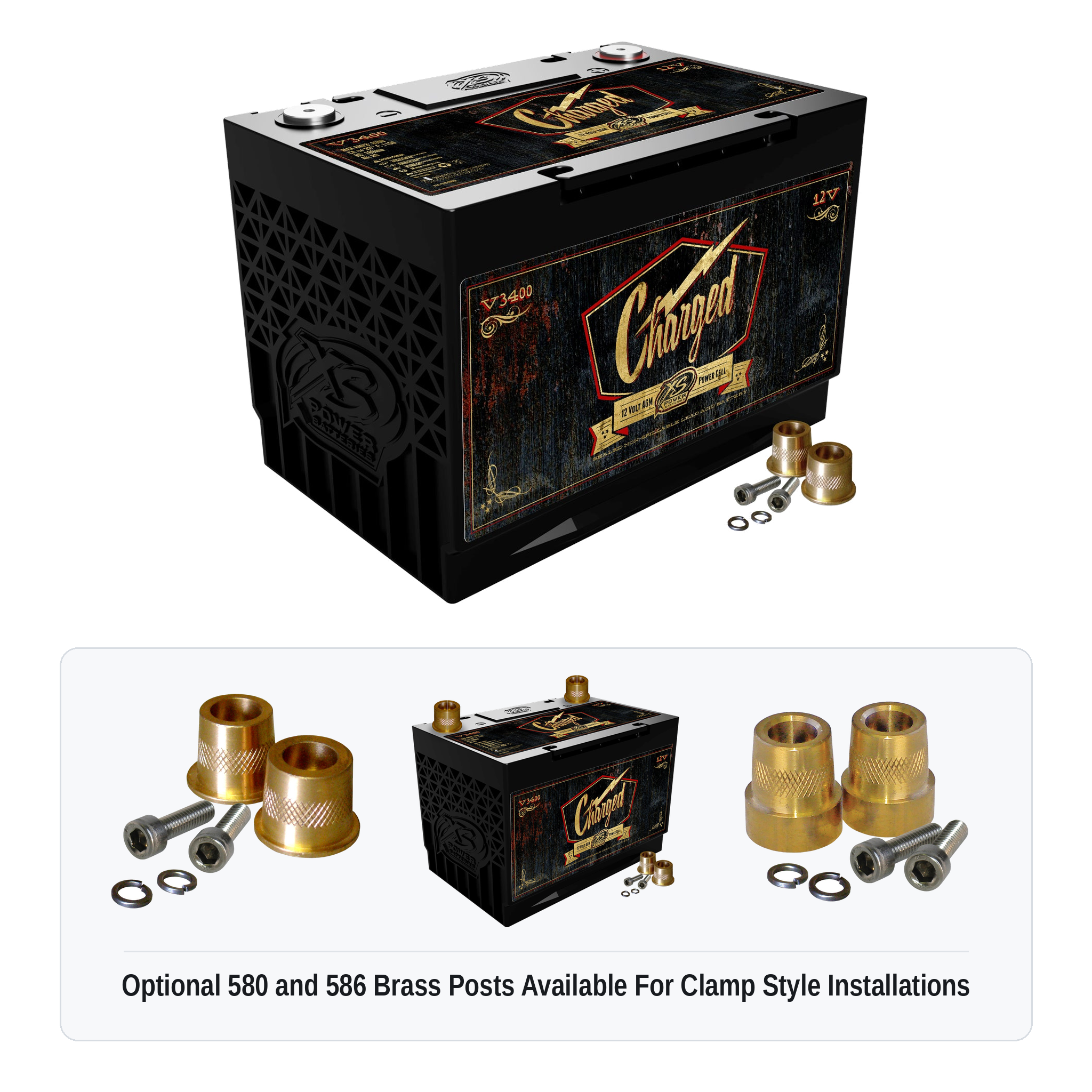 XS Power V3400 Group 34 vintage 12V AGM battery with optional 580 and 586 brass post adaptors for clamp style installations