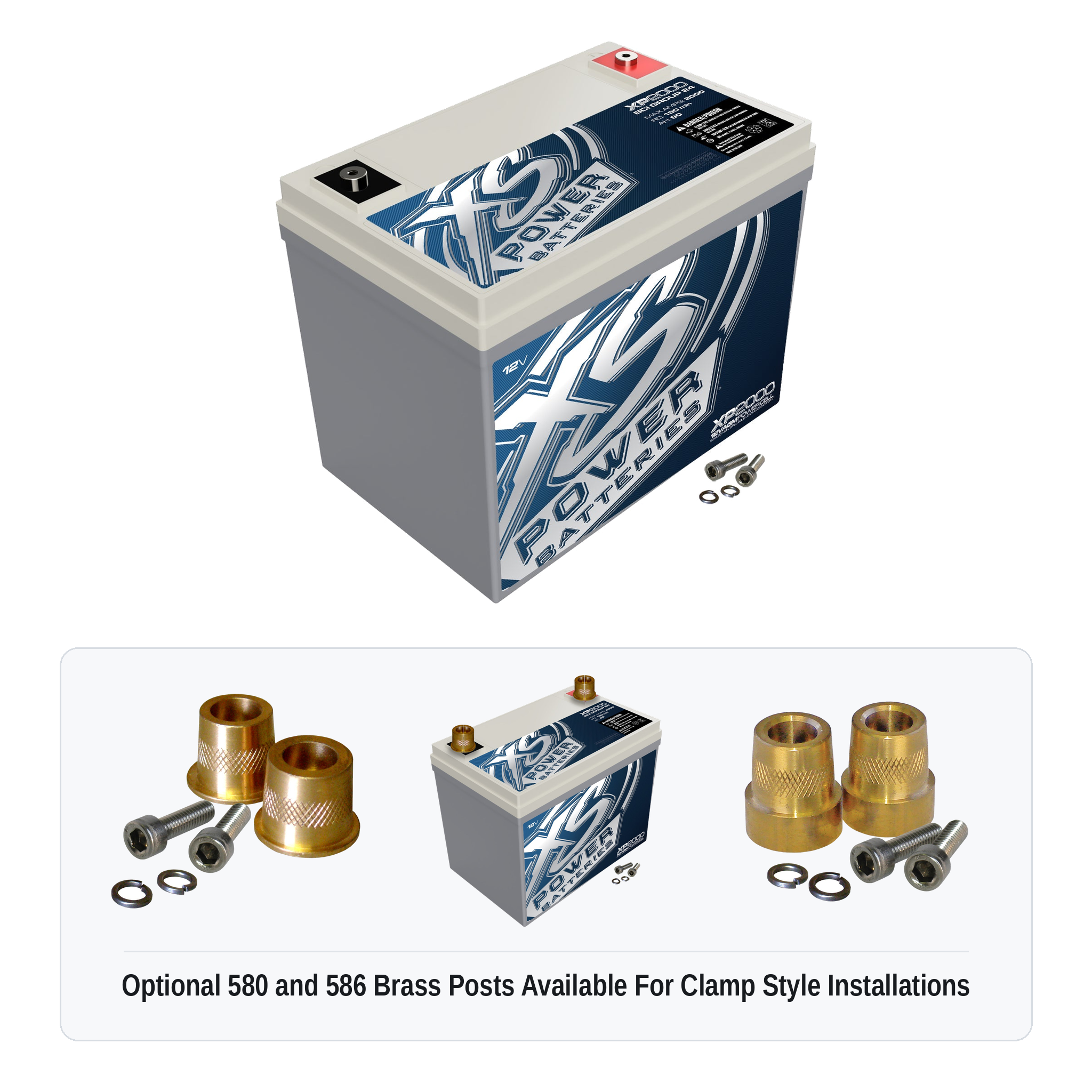 XS Power XP2000 12V AGM secondary reserve battery with optional 580 and 586 brass post adaptors for clamp style installations