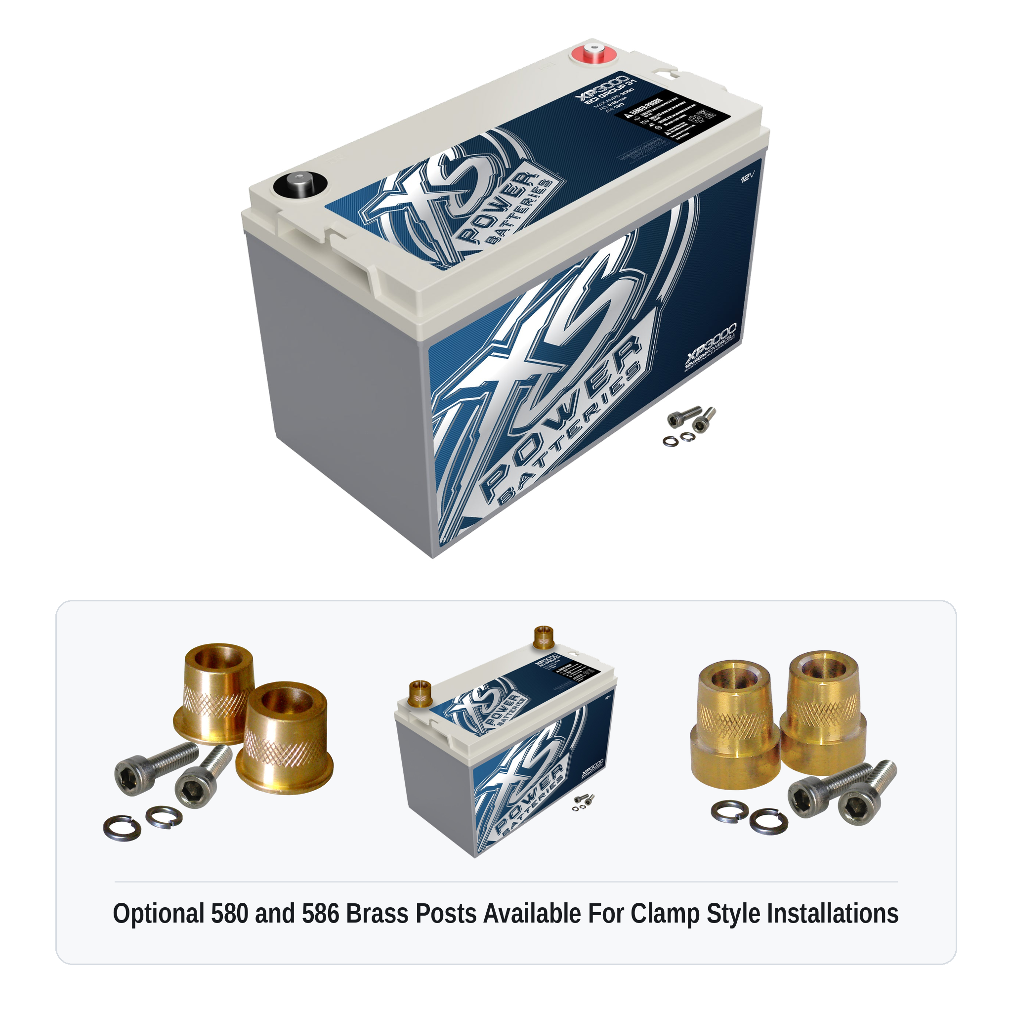 XS Power XP3000 12V AGM secondary reserve battery with optional 580 and 586 brass post adaptors for clamp style installations