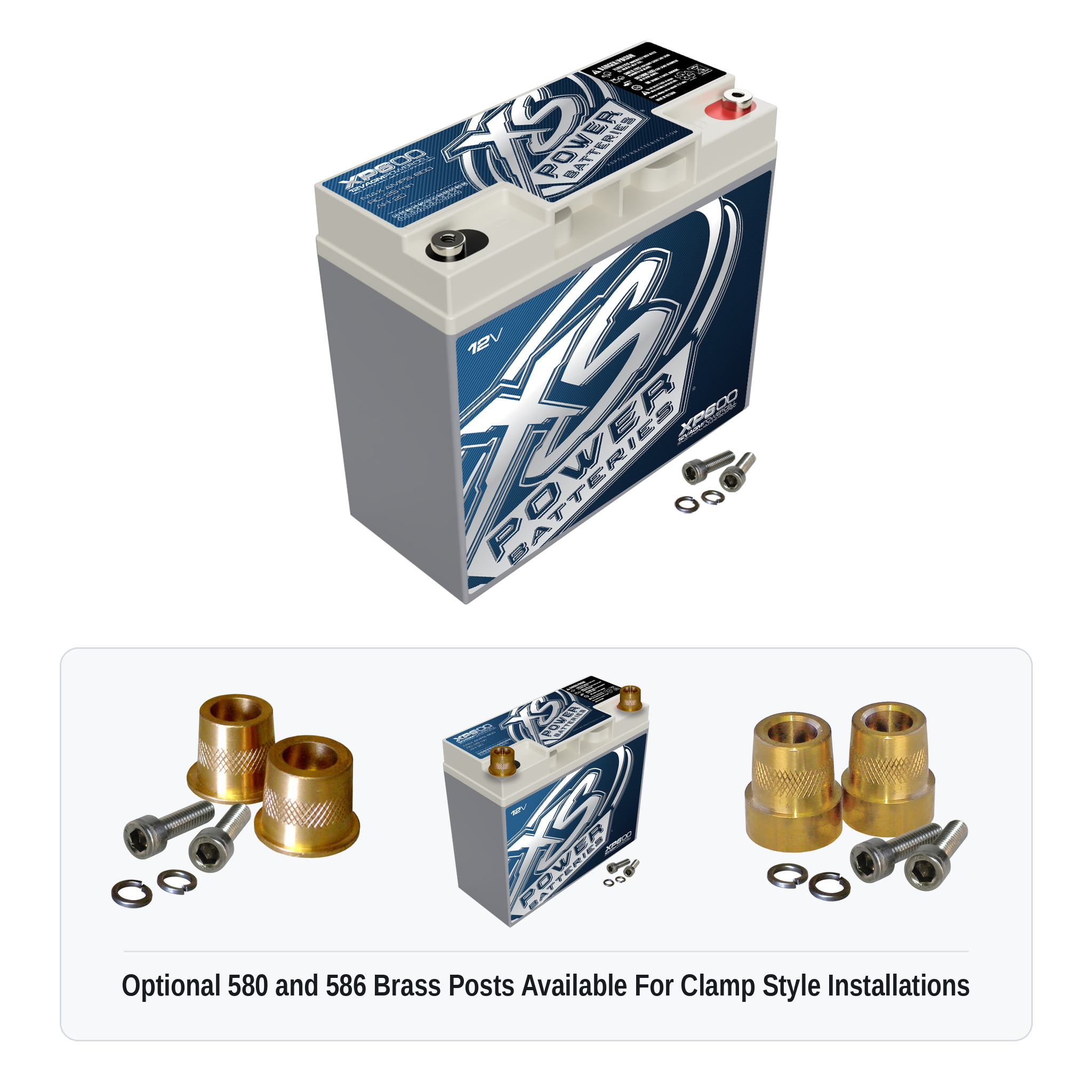 XS Power XP600 600 amp 12V AGM secondary battery with optional 580 and 586 brass post adaptors for clamp style installations