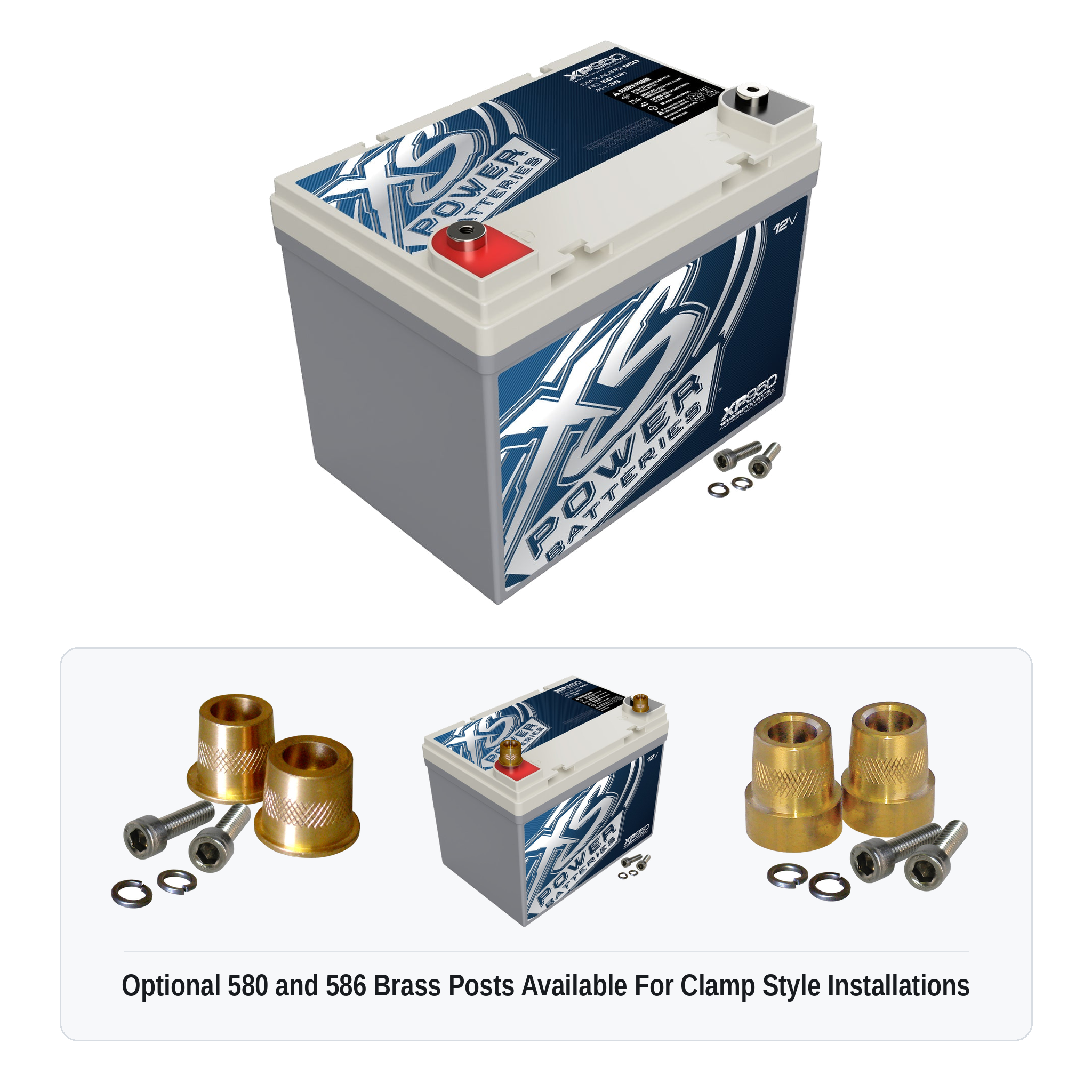 XS Power XP950 12V AGM secondary reserve battery with optional 580 and 586 brass post adaptors for clamp style installations