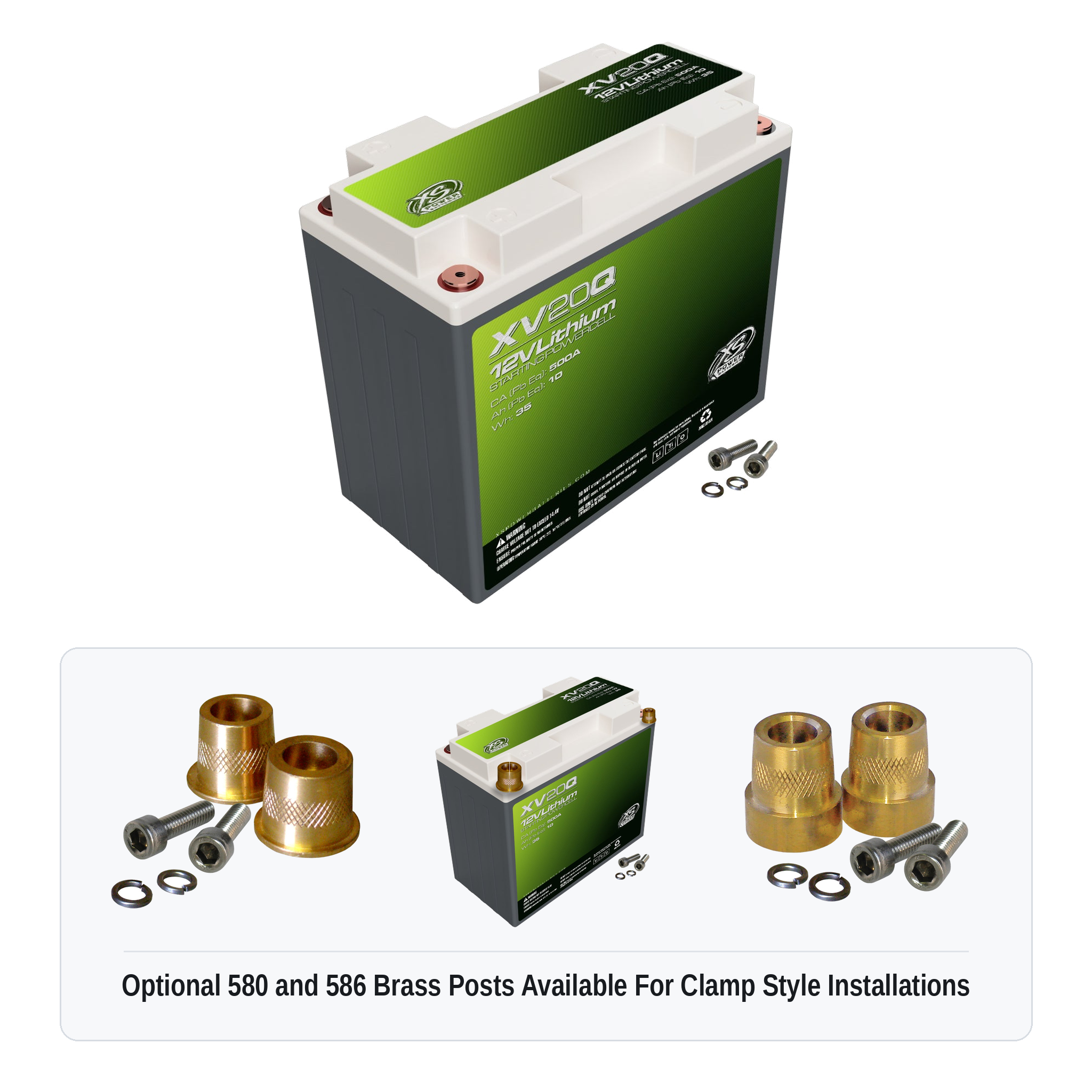 XS Power XV20Q 12V lithium starting powercell with optional 580 and 586 brass post adaptors for clamp style installations