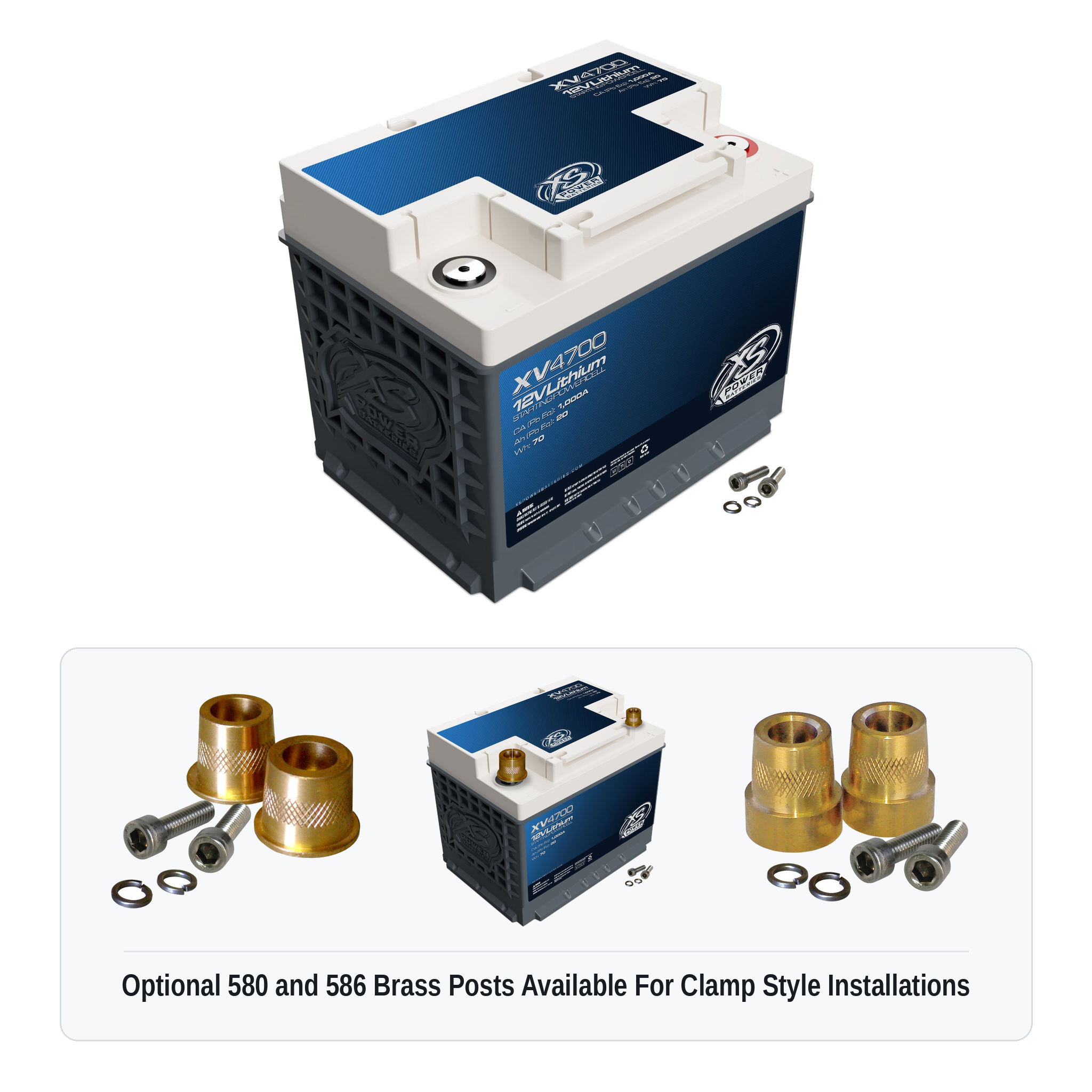 XS Power XV4700 12V lithium starting powercell with optional 580 and 586 brass post adaptors for clamp style installations