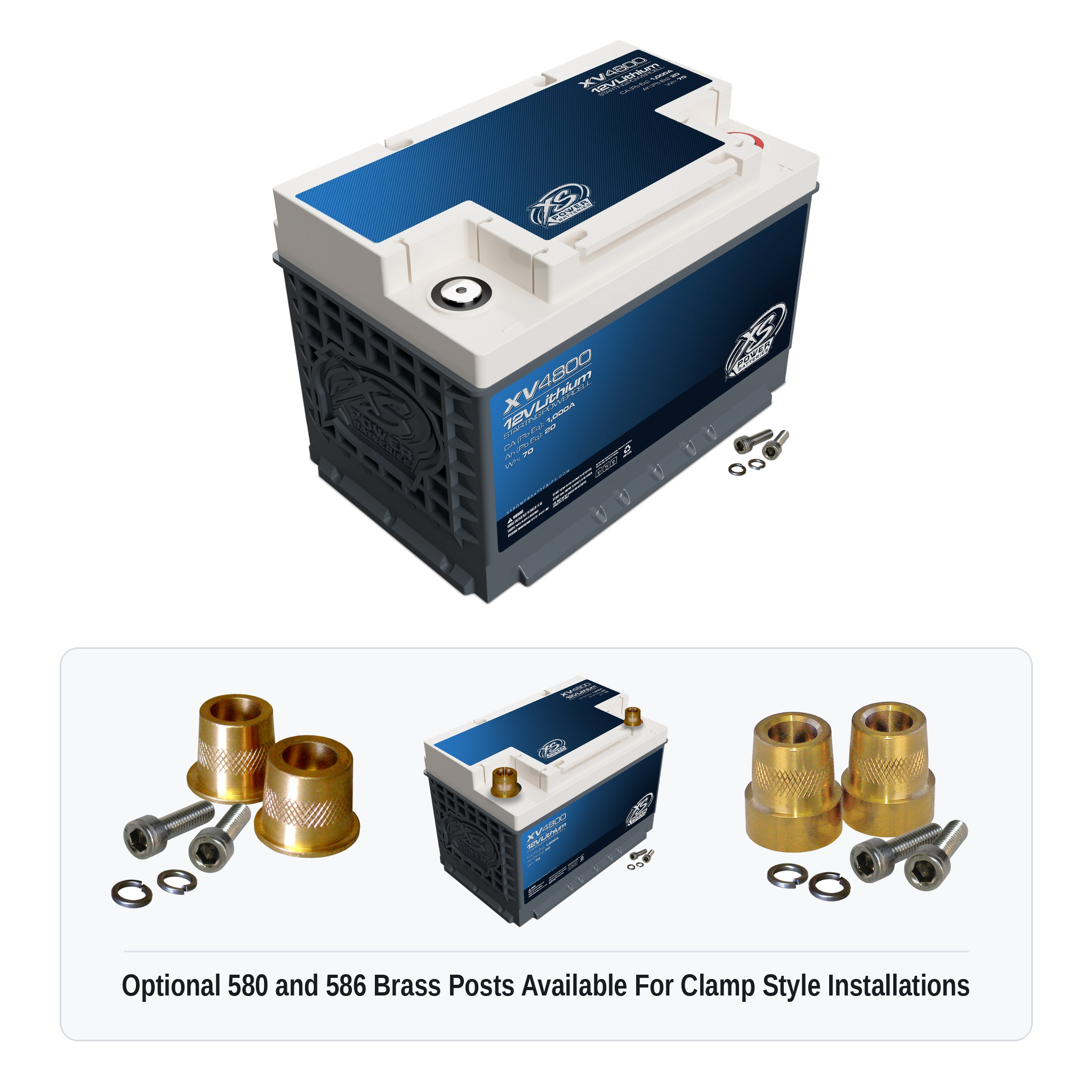 XS Power XV4800 12V lithium starting powercell with optional 580 and 586 brass post adaptors for clamp style installations