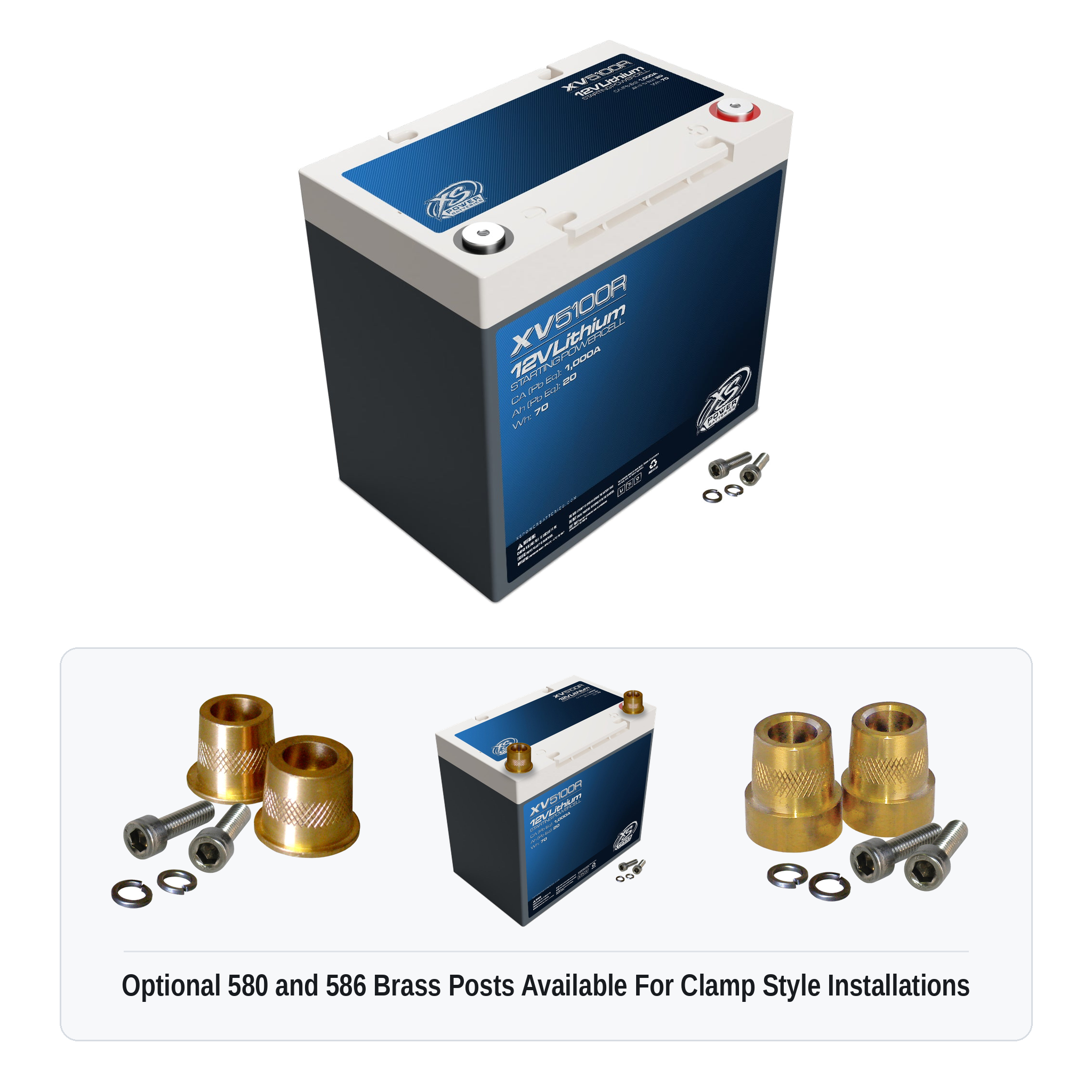 XS Power XV5100R 12V lithium starting powercell with optional 580 and 586 brass post adaptors for clamp style installations