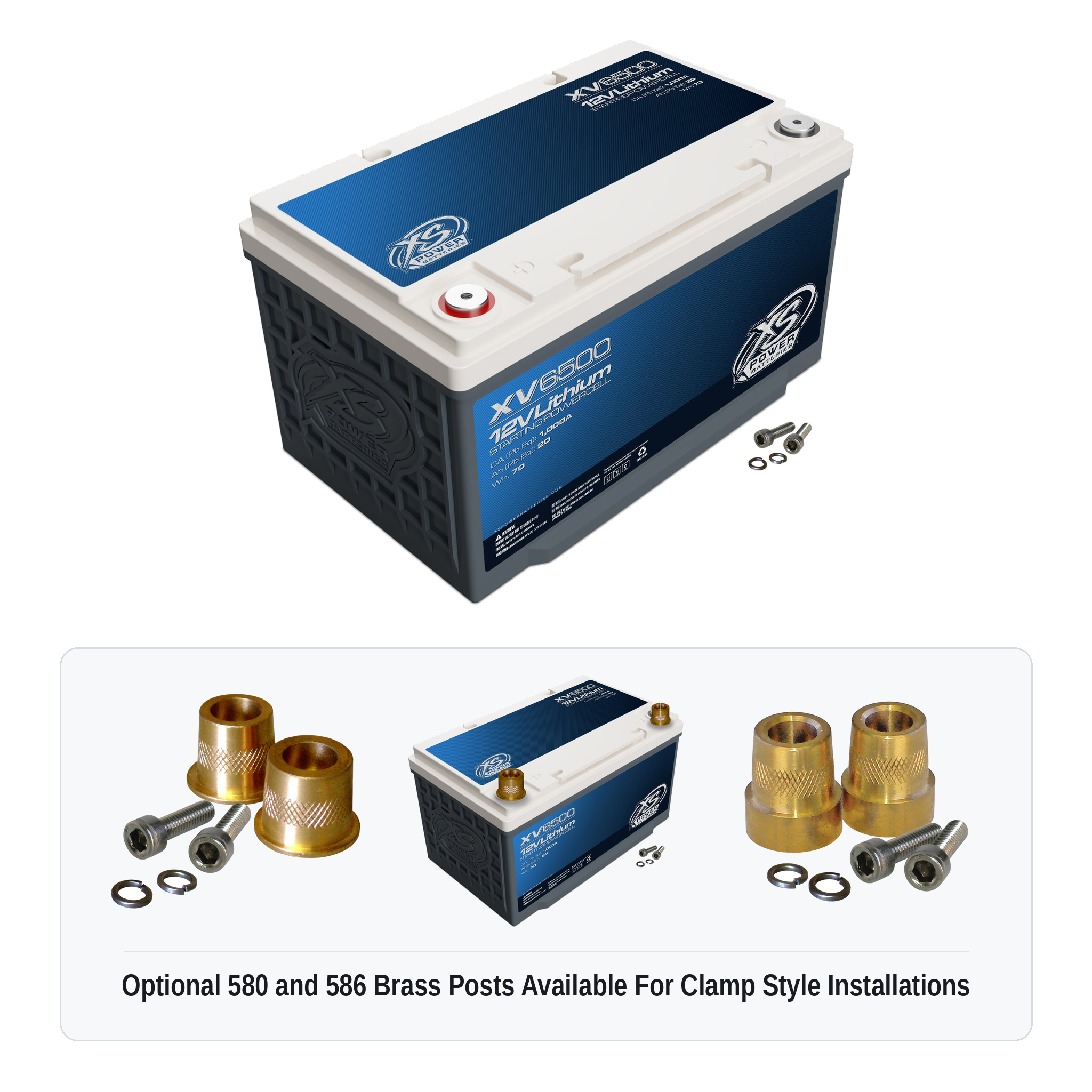 XS Power XV6500 12V lithium starting powercell with optional 580 and 586 brass post adaptors for clamp style installations
