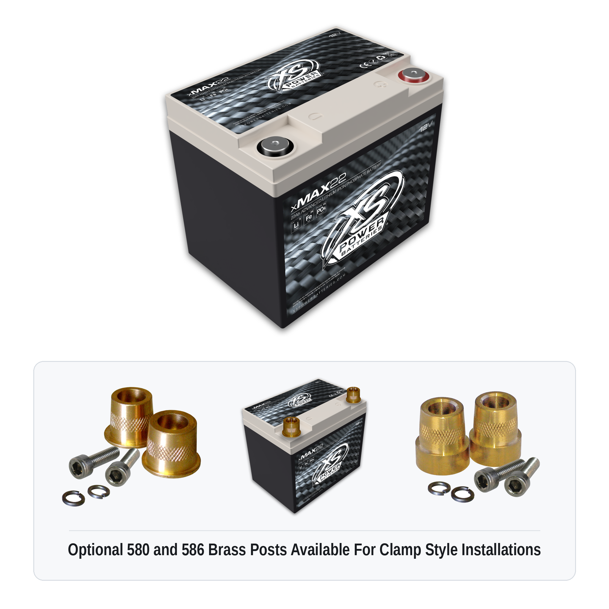 XS Power xMAX 22 lithium iron phosphate battery with optional 580 and 586 brass post adaptors for clamp style installations